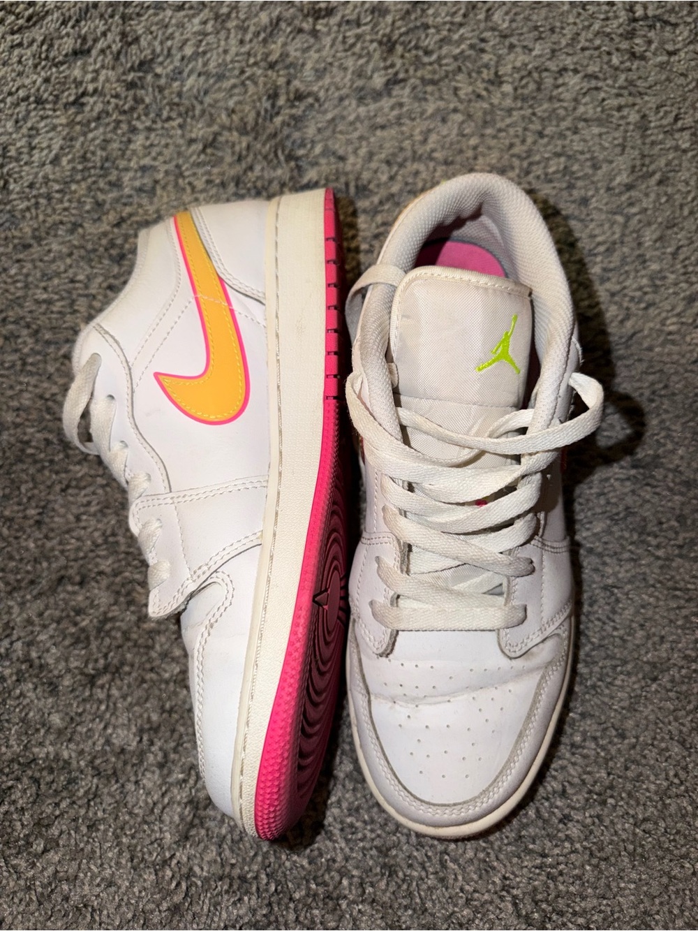 Nike Kids White Sneakers with Pink Outsole & Yellow Swoosh